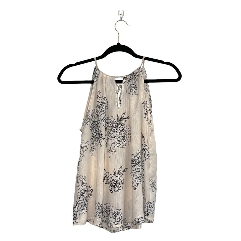 Lush Blush Pink & Black Floral Blouse Tank Top Halter Keyhole Small Women’s